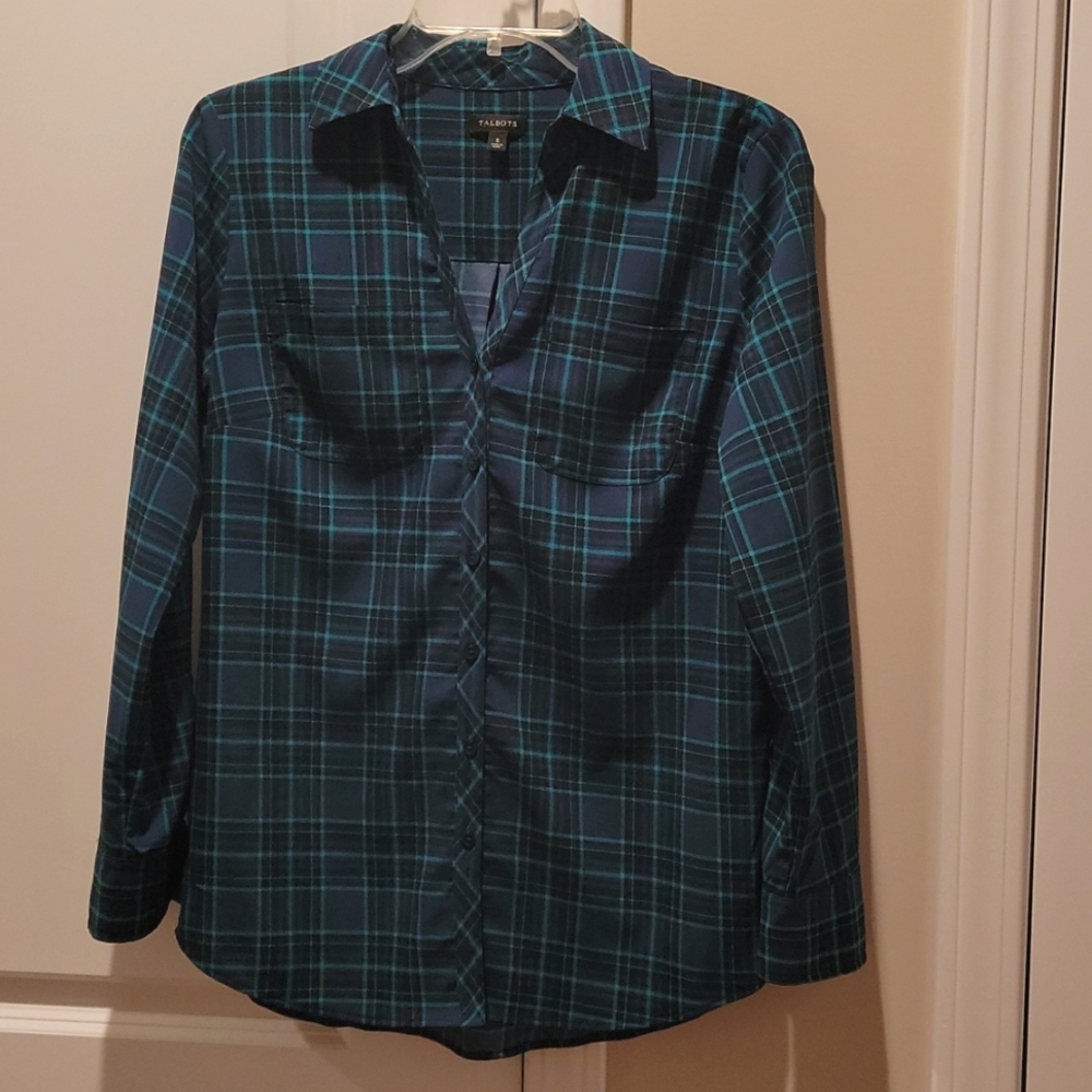 Talbot's black green and blue plaid blouse